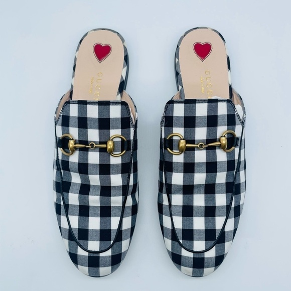 Gucci Shoes Princetown Gold Horsebit Black White Gingham Loafer Mules EU 37 - Picture 2 of 10